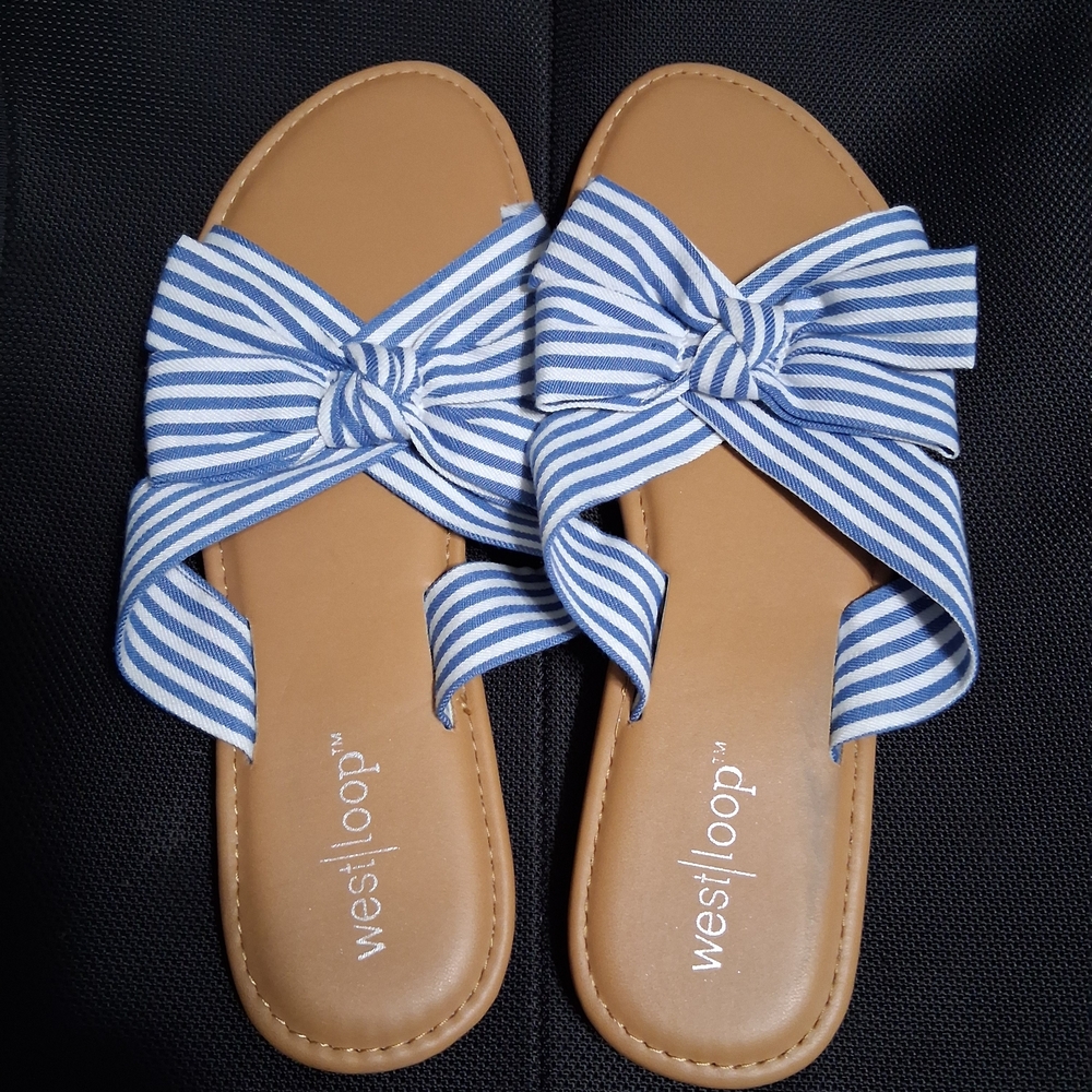 West Loop Tan and Blue Striped Sandals